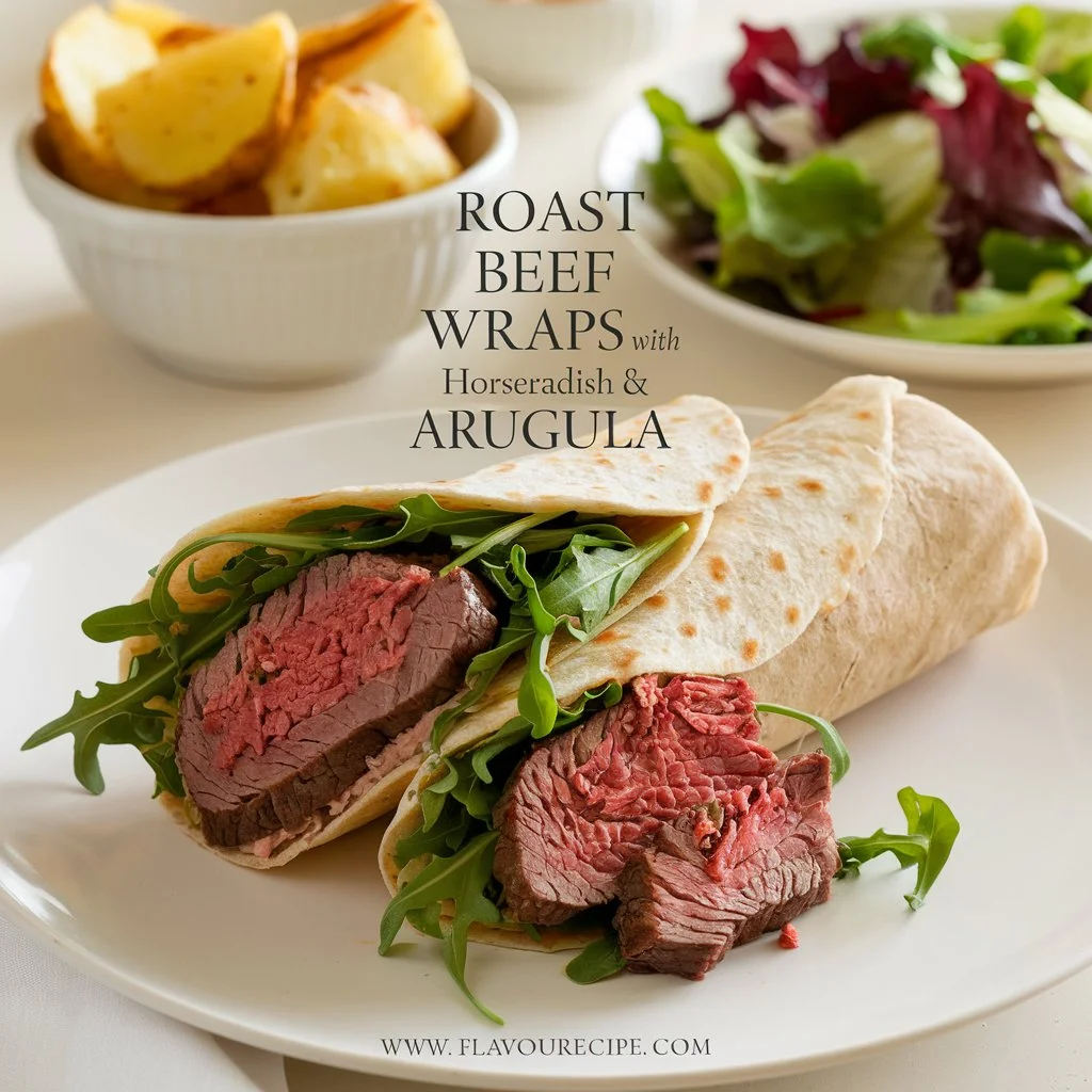 Discover delicious roast beef wraps, thinly sliced beef, arugula, horseradish cream, tortilla wrap - a perfect lunch option ready in minutes. Fresh ingredients meet bold flavors