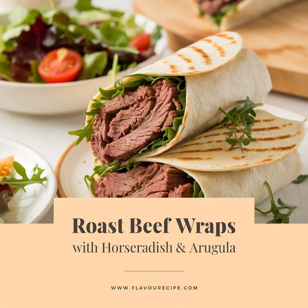 Discover delicious roast beef wraps, thinly sliced beef, arugula, horseradish cream, tortilla wrap - a perfect lunch option ready in minutes. Fresh ingredients meet bold flavors