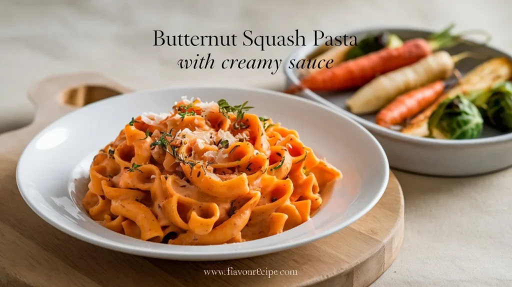 Delicious butternut squash pasta with a creamy sauce - the perfect comforting meal. Easy recipe, great for weeknights.