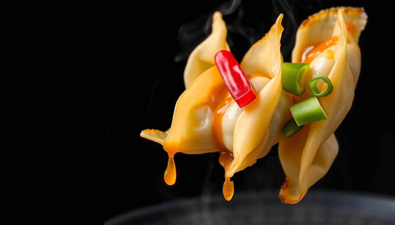 Chile oil wontons, spicy, garlic, soy sauce, vinegar, Sichuan, dumplings, savory