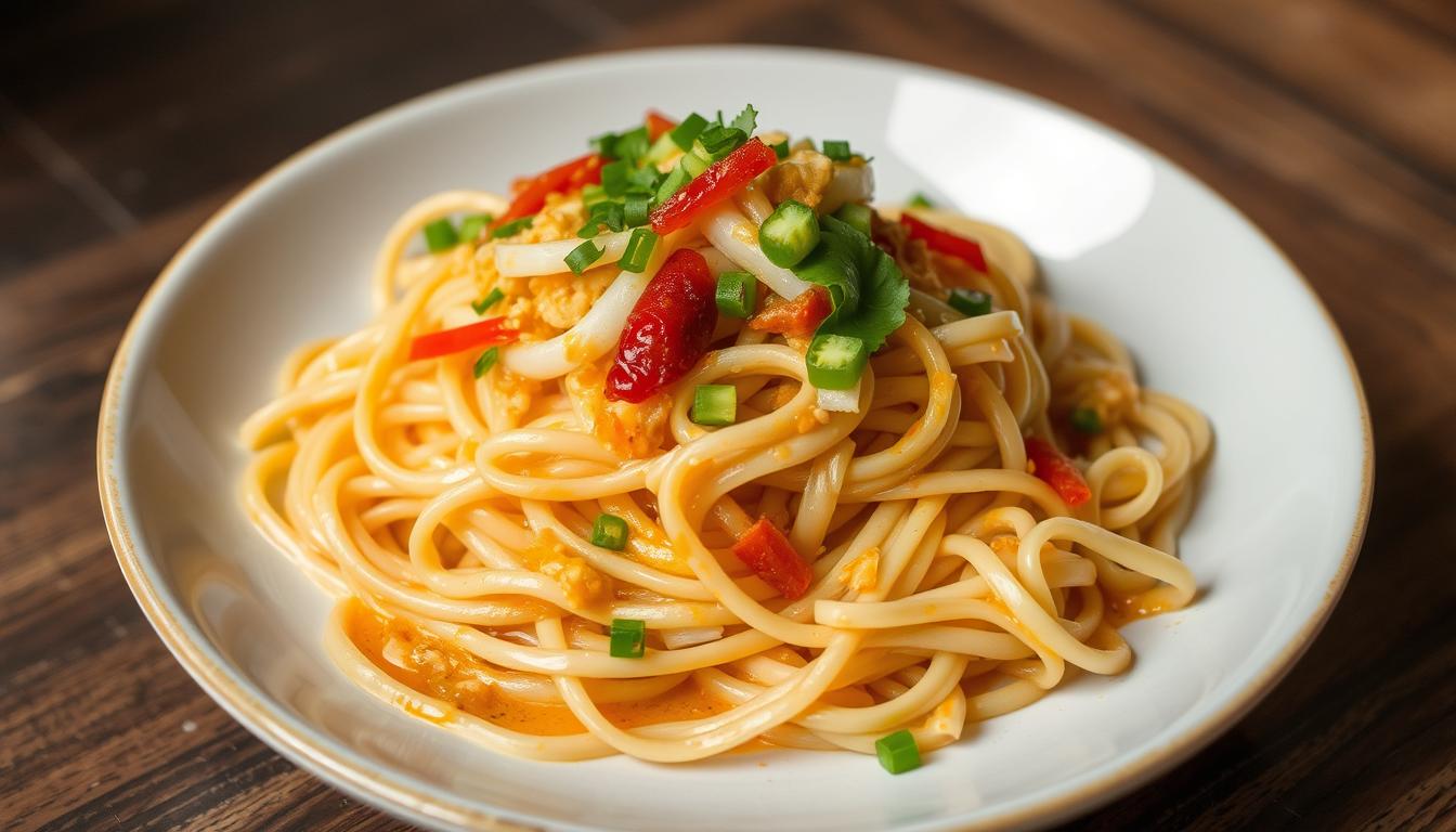 Cold noodle salad, spicy peanut sauce, sesame, soy sauce, lime, veggies, chili