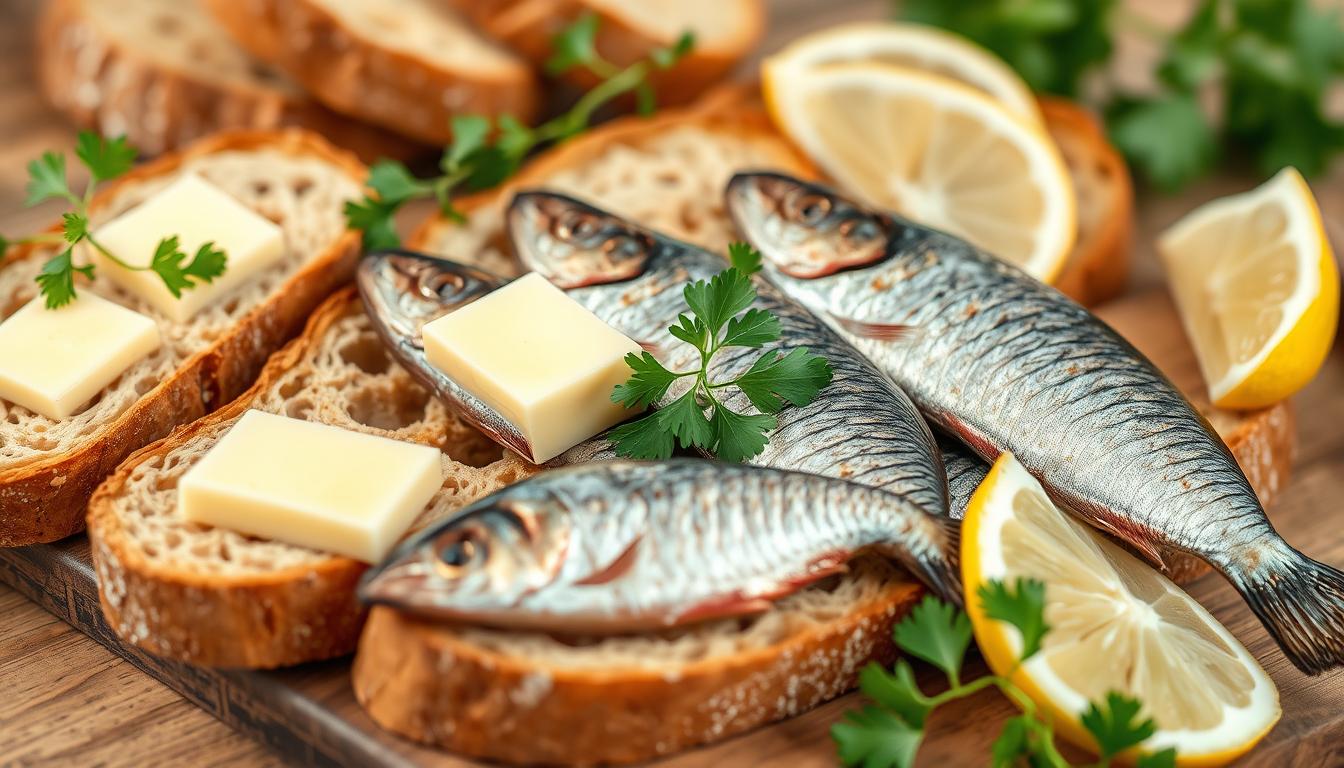 Sardines, buttered brown bread, lemon, parsley, simple, quick, healthy snack