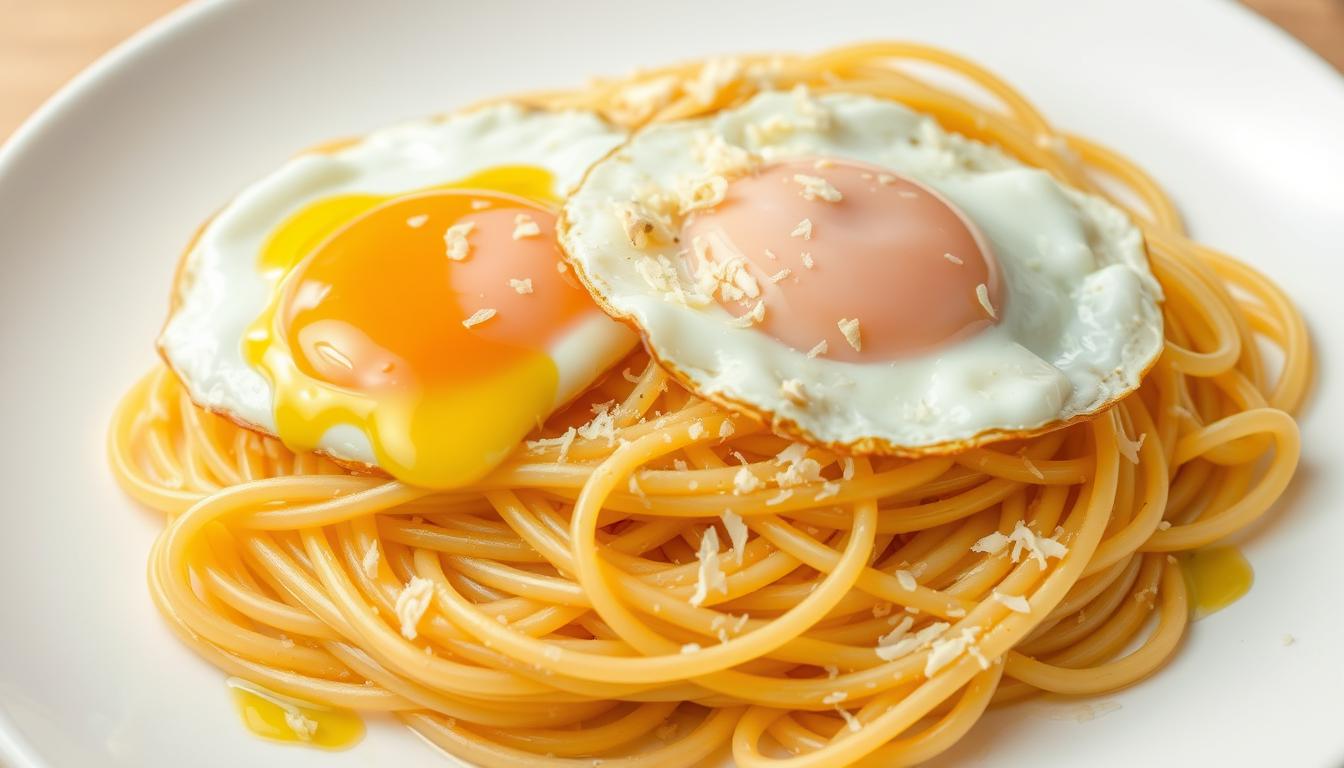 Spaghetti, fried eggs, garlic, olive oil, Parmesan, pepper, simple pasta recipe