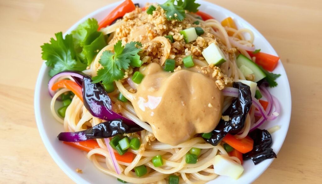 cold noodle salad with veggies and soy sauce