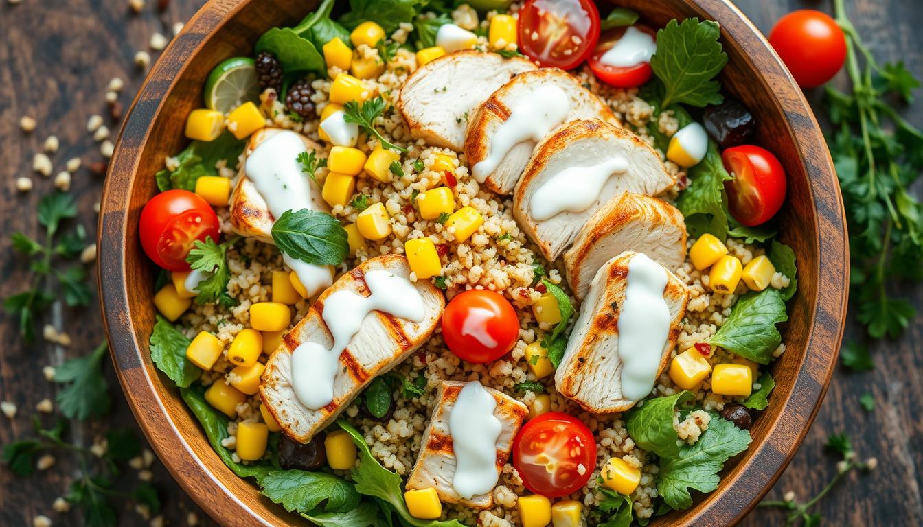 Chicken, salad, corn, quinoa, yogurt, dressing, healthy, fresh, protein, lunch