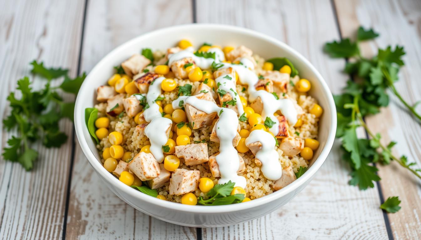 Easy Chicken Salad, packed with corn, quinoa, and tangy yogurt sauce