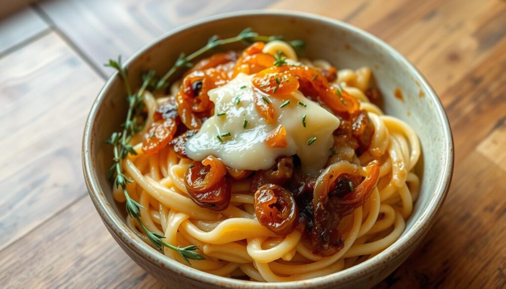French Onion Pasta recipe, creamy caramelized onions, cheesy comfort food